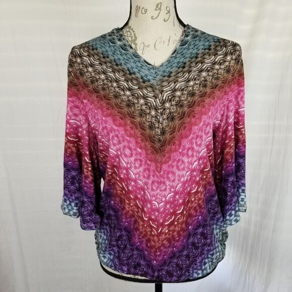 Democracy Geometric Print 3/4" Angel Wing Sleeves Bubble Hem‎ Blouse Size M - Picture 1 of 9